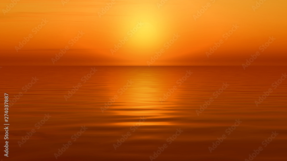 Sunset ocean horizon sky clouds sunset landscape. 3D illustration