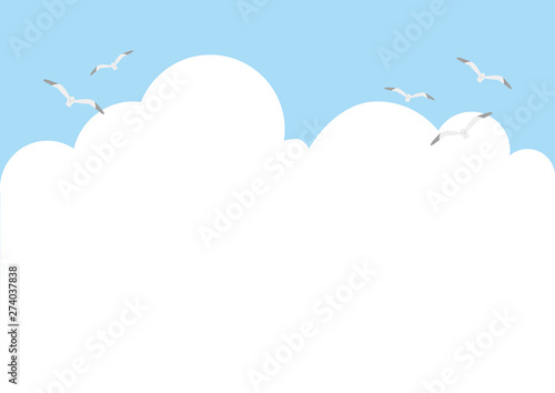 illustration of white clouds, the sky and seagulls flying.