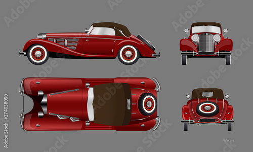 Red retro car on gray background. Vintage cabriolet in realistic style. Front, side, top and back view. Industrial isolated blueprint. 3d automobile