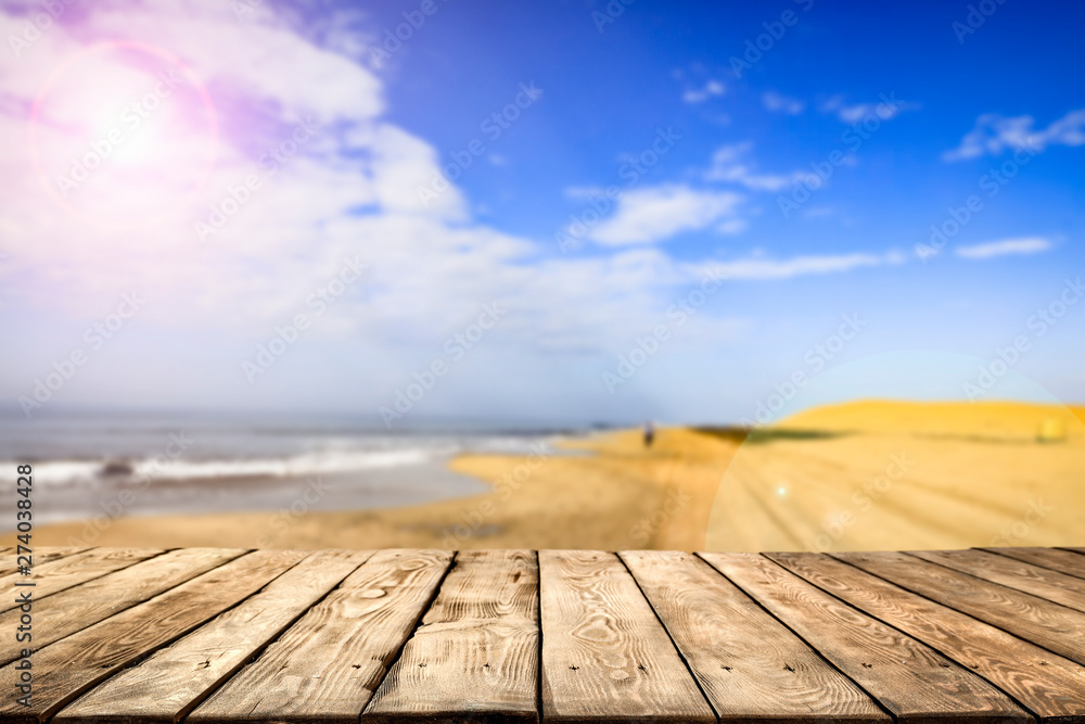 desk of free space and summer beach landscape desk of free space and summer beach landscape
