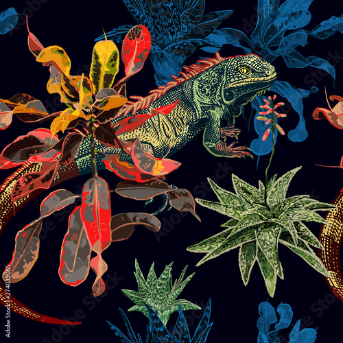 Seamless pattern. Cacti, ficus and iguana.