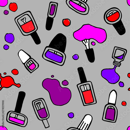 Seamless pattern of bottles with nail polish, brushes and drops of varnish