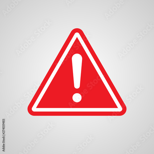 Rounded triangular hazard shape warning sign with exclamation mark symbol. Vector illustration of red icon on gray background.