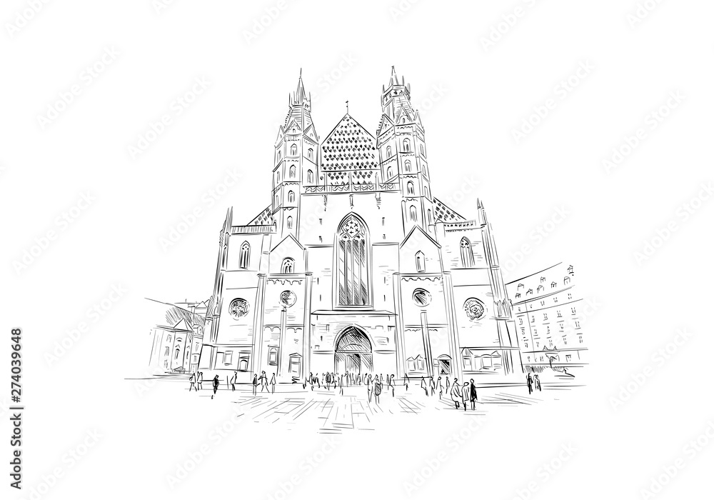 St. Stephen's Cathedral. Vienna, Austria. Hand drawn sketch vector illustration.