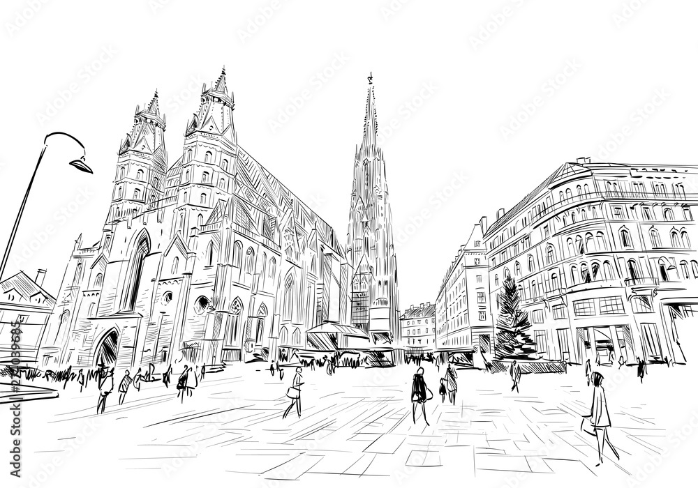 St. Stephen's Cathedral. Vienna, Austria. Hand drawn sketch vector illustration.