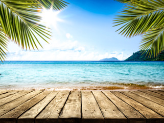desk of free space and summer beach landscape 