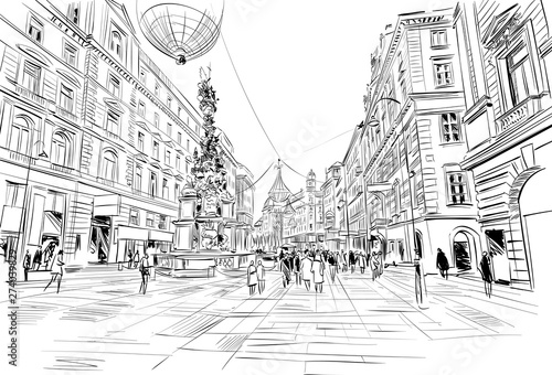  Graben street. Plague column. Vienna, Austria. Hand drawn sketch vector illustration.