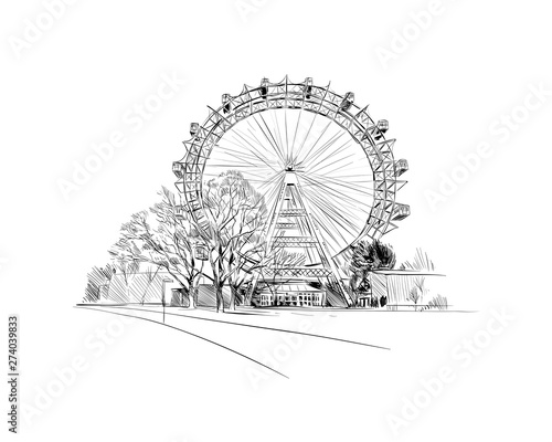 Prater park. Ferris wheel. Vienna, Austria. Hand drawn sketch vector illustration.