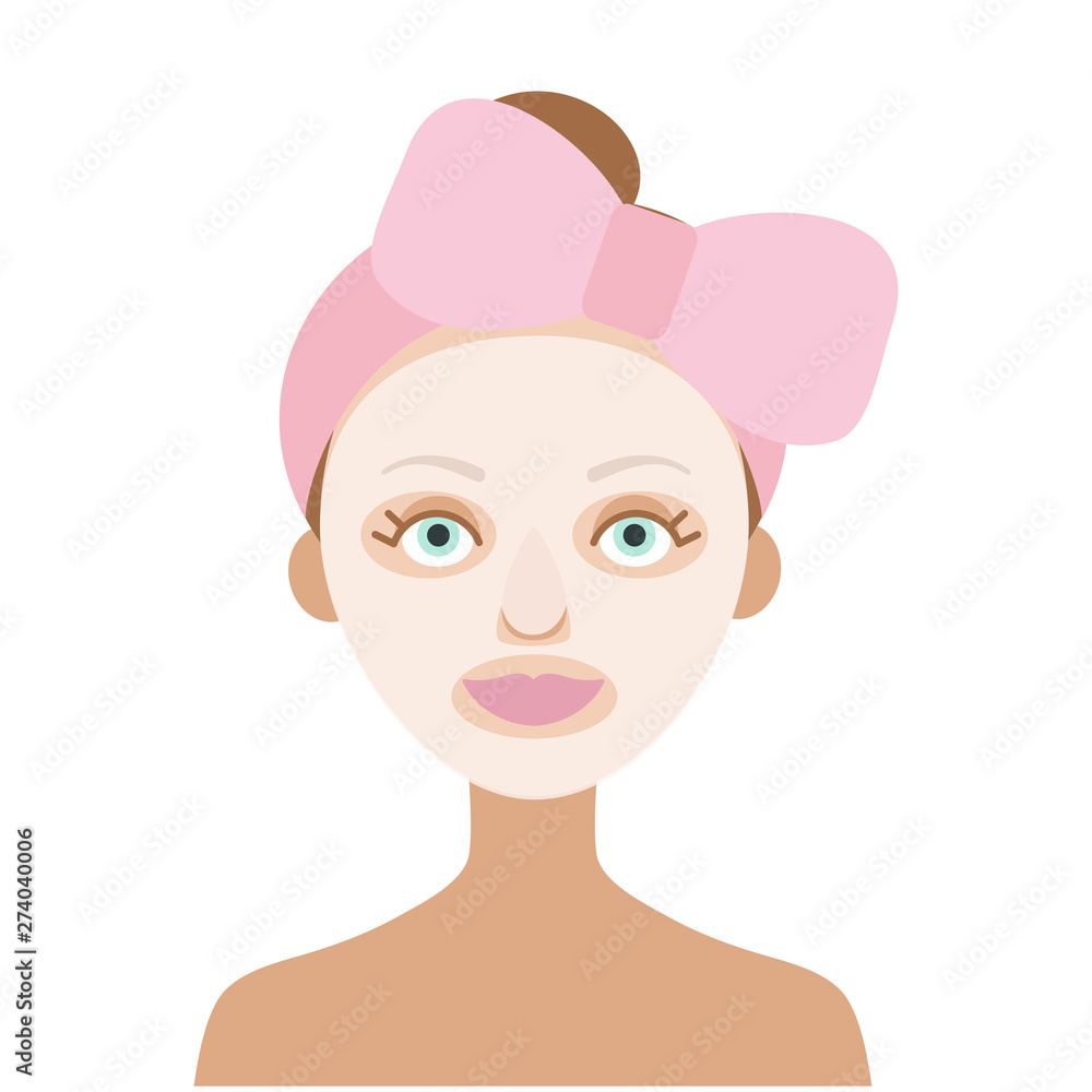 Girl with a pink bow on her head. She's wearing a white cloth mask.Korean cosmetics.Flat vector on white background Girl with a pink bow on her head. She's wearing a white cloth mask.Korean cosmetics.Flat vector on white background