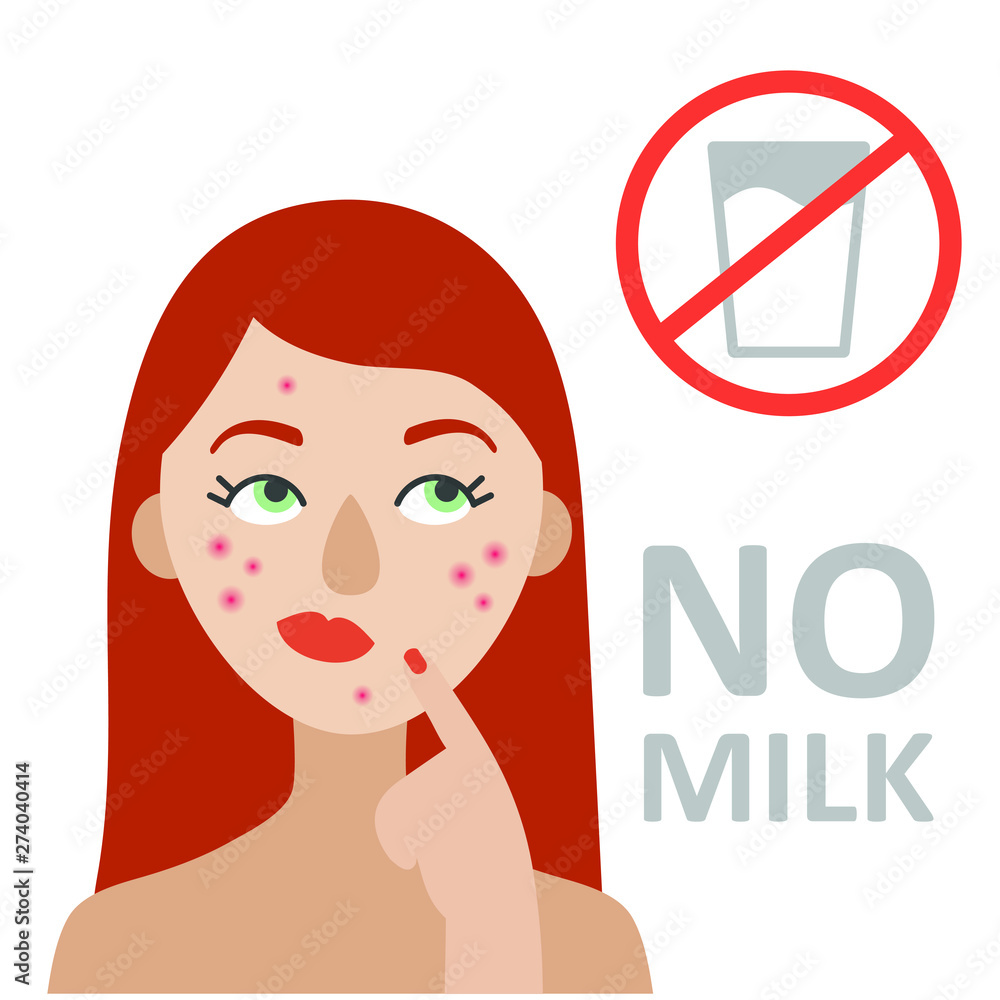 The red-haired girl with acne doubts whether to drink milk or not. There's a crossed-out glass of milk upstairs. Flat vector on white background The red-haired girl with acne doubts whether to drink milk or not. There's a crossed-out glass of milk upstairs. Flat vector on white background