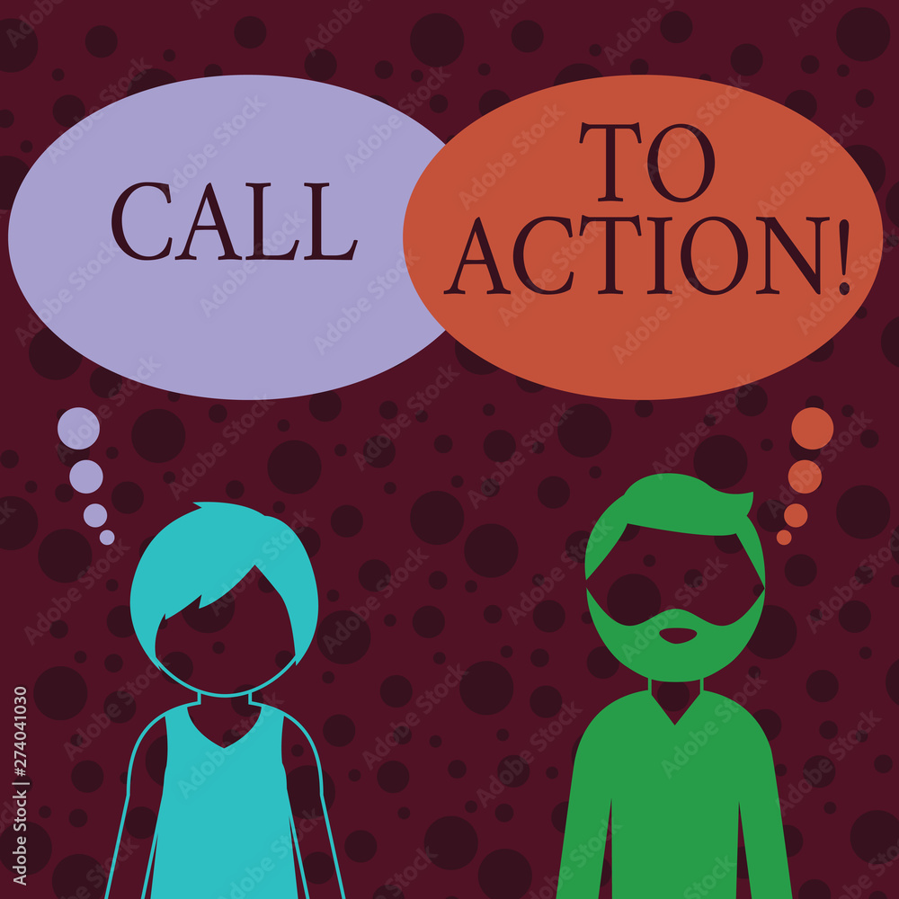 Conceptual hand writing showing Call To Action. Business photo text exhortation do something in order achieve aim with problem Bearded Man and Woman with the Blank Colorful Thought Bubble. Conceptual hand writing showing Call To Action. Business photo text exhortation do something in order achieve aim with problem Bearded Man and Woman with the Blank Colorful Thought Bubble.