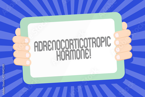 Text sign showing Adrenocorticotropic Hormone. Conceptual photo hormone secreted by pituitary gland cortex Color Tablet Smartphone with Blank Screen Handheld from the Back of Gadget. photo