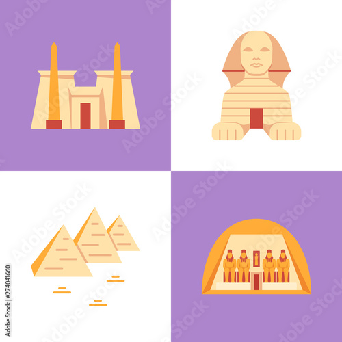 Egypt historical monuments icon set in flat style