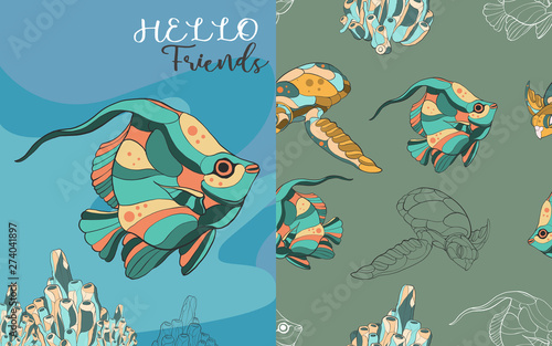 hand draw fish ocean turtles under water sea