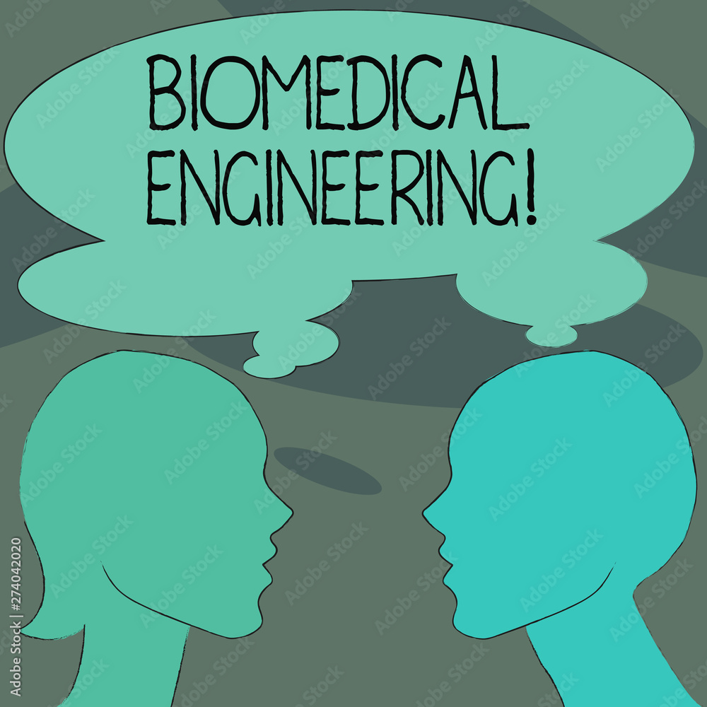 Handwriting text Biomedical Engineering. Concept meaning advances knowledge biology medicine improves health Silhouette Sideview Profile Image of Man and Woman with Shared Thought Bubble.