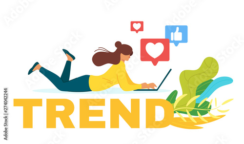 Woman using social networks flat vector web banner template