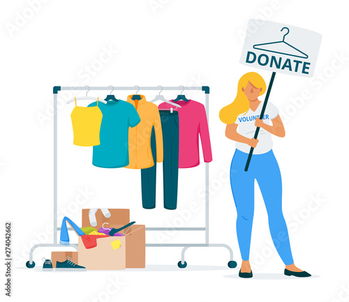 Female volunteer collecting clothes donations flat vector illustration
