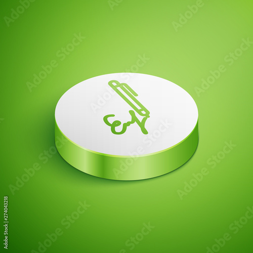 Isometric Signature line icon isolated on green background. Pen and undersign, underwrite, ratify symbol. White circle button. Vector Illustration