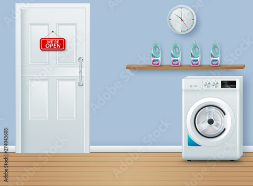 Laundry Room realistic vector illustration on blue background. Cover template. banner design