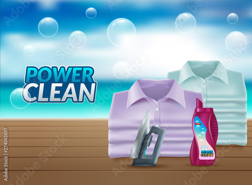 Vector realistic promo banner of washing powder, poster for advertising liquid detergent in bottle, jar. 3d template for product