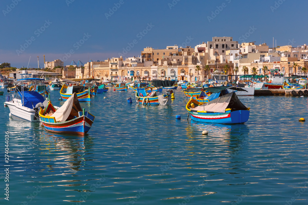 Taditional eyed boats Luzzu in Marsaxlokk, Malta