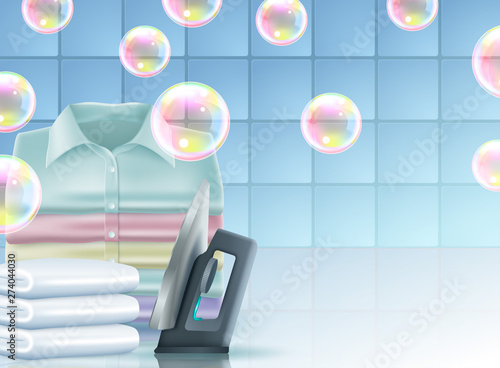 Vector realistic promo banner of washing powder, poster for advertising liquid detergent in bottle, jar. 3d template for product, concept with soap bubbles