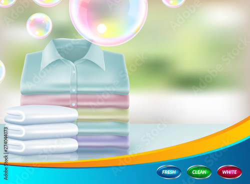 Vector realistic promo banner of washing powder, poster for advertising liquid detergent in bottle, jar. 3d template for product, concept with soap bubbles