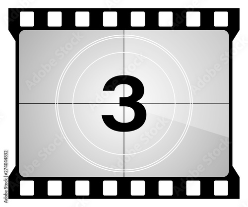 A classic movie countdown frame at the number three.