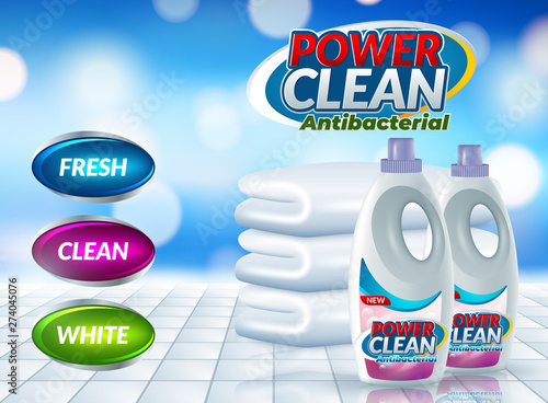 Vector realistic promo banner of washing powder, poster for advertising liquid detergent in bottle, jar. 3d template for product, concept with soap bubbles