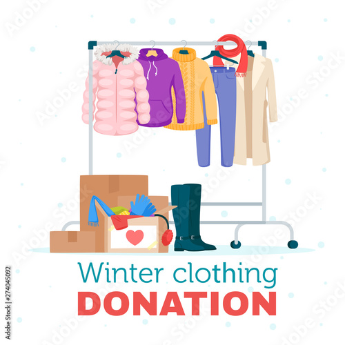 Winter warm clothing donation flat vector illustration