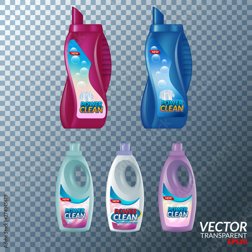 Laundry detergent pack with label mockup set. Vector 3d realistic isolated illustration