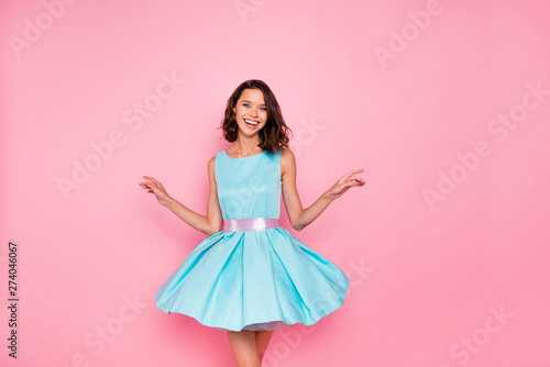 Close up photo beautiful amazing she her dancing prom queen lady wind air flight blow air skirt graduation party toothy wear cute shiny colorful dress isolated pink bright vivid vibrant background