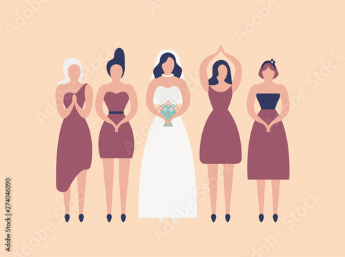 Bride in elegant white gown and bridesmaids isolated on light background