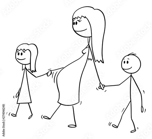 Vector cartoon stick figure drawing conceptual illustration of pregnant woman or mom or mother together with small girl and boy or daughter and son. They are walking and holding hands.