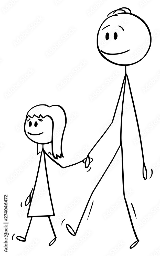 Vector cartoon stick figure drawing conceptual illustration of man o father  or dad together with small girl or daughter. They are walking and holding  hands. Stock Vector | Adobe Stock