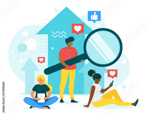 Marketers team analyzing trends flat vector web banner template