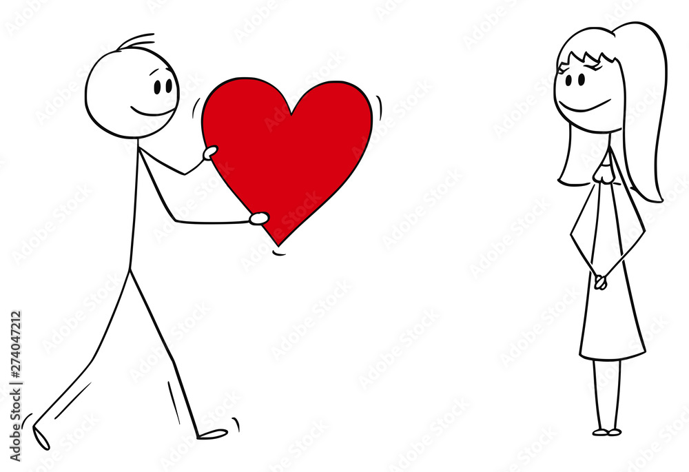 Vector cartoon stick figure drawing conceptual illustration of man or boy giving bog romantic red heart to girl or woman on date. Declaration or confession of love. Vector cartoon stick figure drawing conceptual illustration of man or boy giving bog romantic red heart to girl or woman on date. Declaration or confession of love.