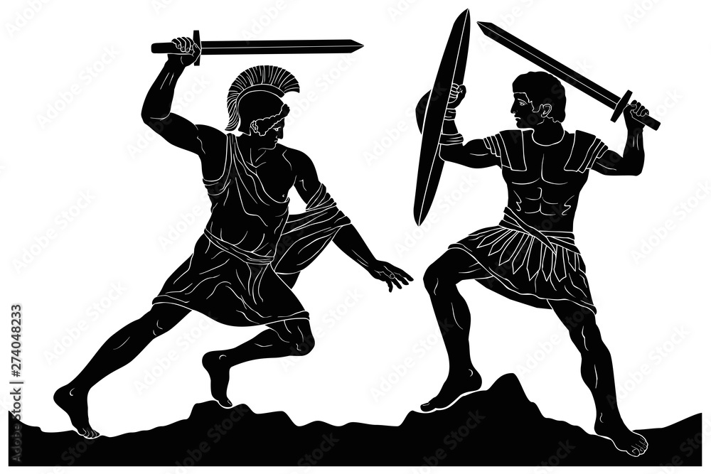 Two mythological heroes, Achilles and Hector, fight with swords. Vector  image isolated on white background. Stock Vector | Adobe Stock