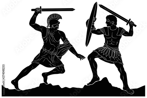 Canvas Print Two mythological heroes, Achilles and Hector, fight with swords
