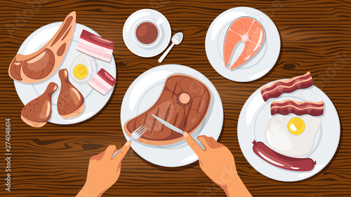 Person eating meat dishes flat vector illustration