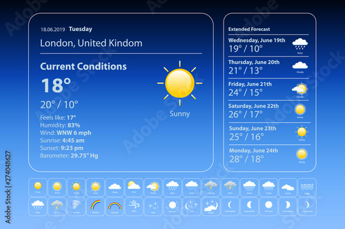 set weather icons. All icons for weather with sample of use. vector, eps 10.