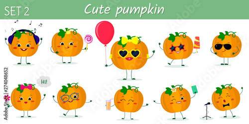 Set of ten cute kawaii pumpkin vegetable characters in various poses and accessories in cartoon style. Vector illustration, flat design
