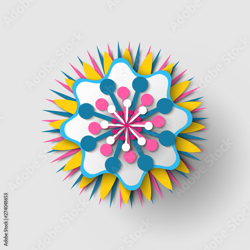 Paper cut origami of flower, colorful blossom ornament with shadow, 3d view of floral symbol, greeting or poster decorated by bouquet, festive vector
