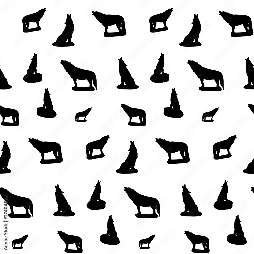 Seamless pattern, silhouette of a black wolf howling, on a white background