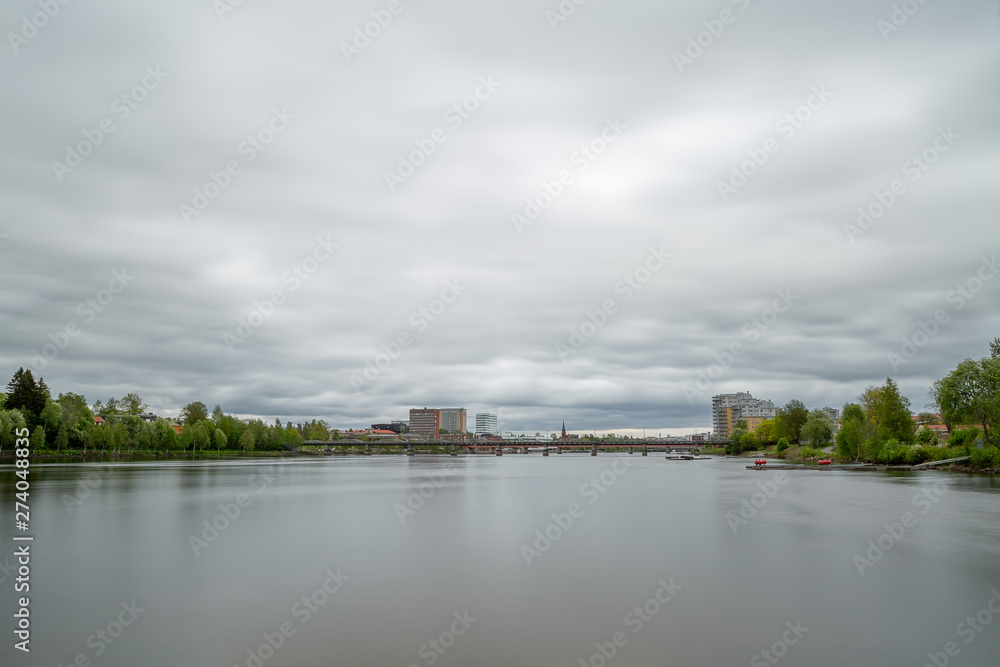 Downtown Umea, Sweden with a cloudy sky