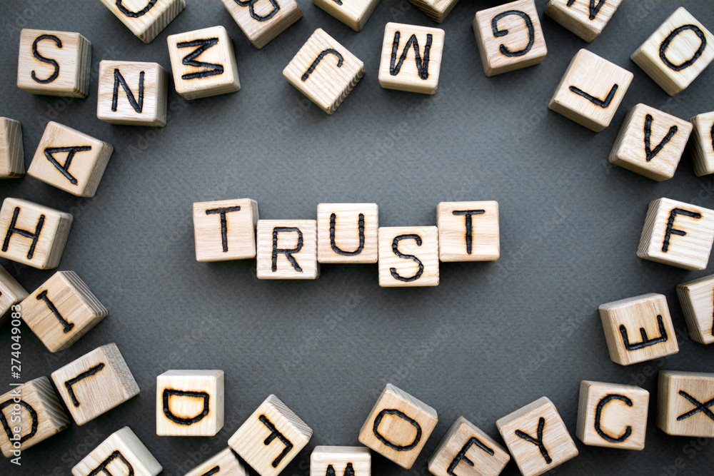 the word trust wooden cubes with burnt letters, trust in family relationships, gray background top view, scattered cubes around random letters the word trust wooden cubes with burnt letters, trust in family relationships, gray background top view, scattered cubes around random letters
