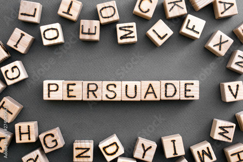 the word persuade wooden cubes with burnt letters, to persuade person in a dispute, gray background top view, scattered cubes around random letters photo