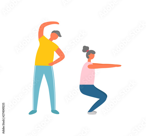 Bending over and squats, man and woman doing morning exercise isolated characters vector. Fitness training and physical activity, couple and daily workout