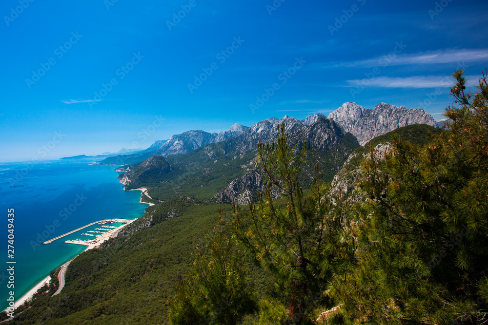 Beautiful view of the Mediterranean Sea, mountains and forest. Turkey, Antalya