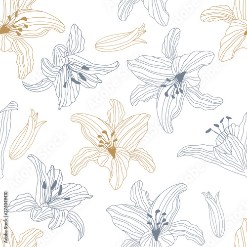 Seamless summer spring lily flower pattern. Elegant exotic floral background. Great as a summer or spting textile print  party invitation or packaging. Surface pattern design. Vector illustration.  